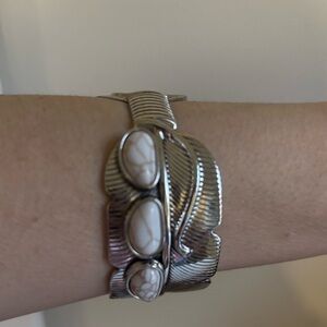 Silver and White Feather Cuff Bracelet